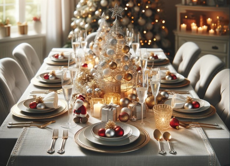 Décoration de table de Noël lumineuse avec nappe blanche, bordure argentée et centre de table doré, ambiance festive et luxueuse.